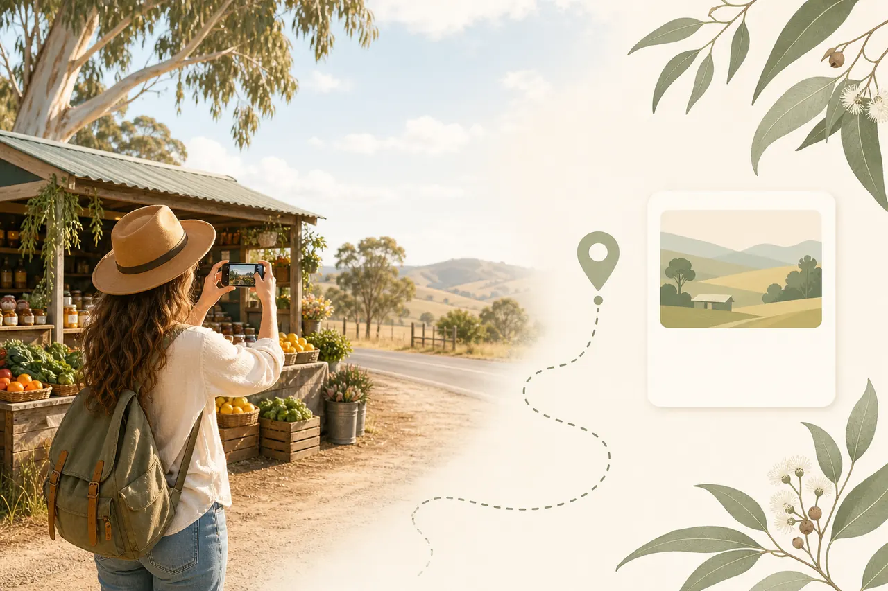 Traveller photographing a regional farm gate beside a map pin and route illustration
