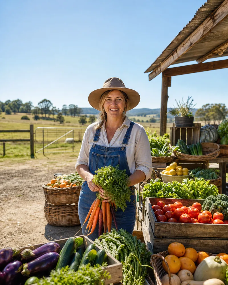 A farmer welcoming visitors to a farm-gate stall.