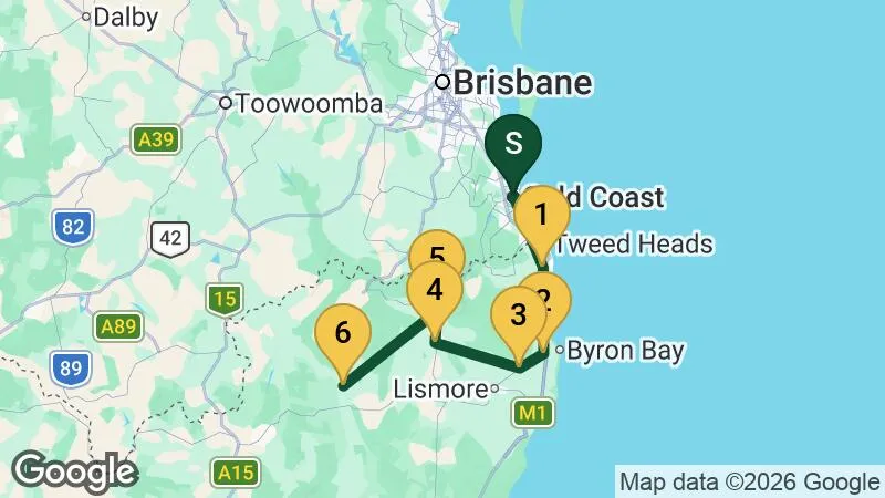 Route preview for Gold Coast to the Clarence Food & Farm Run, from Gold Coast to On The Clarence Camping
